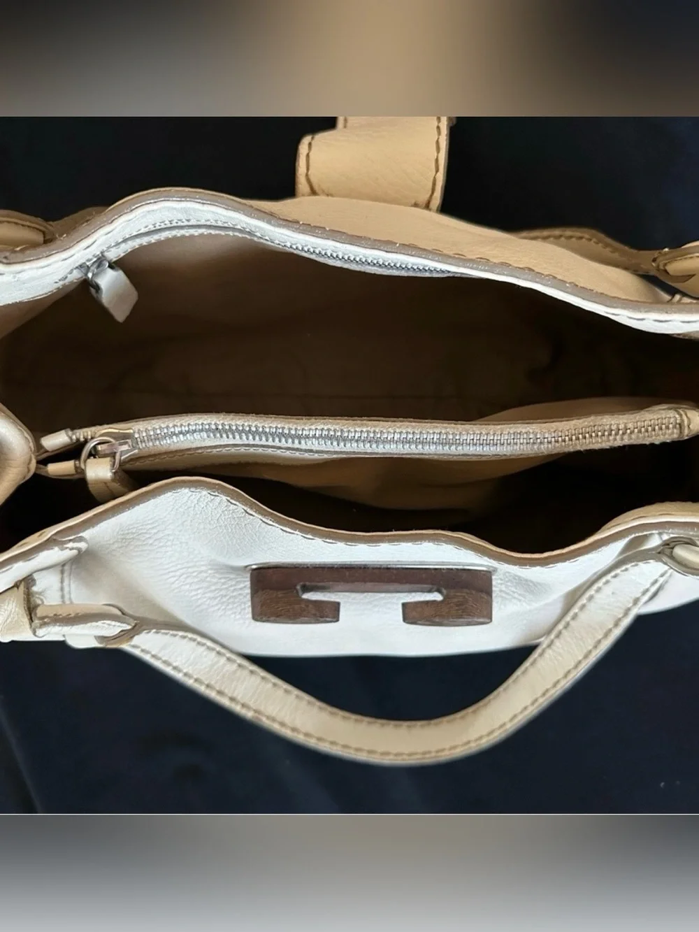 Tod's Cream Leather Shoulder Bag with Wood-Tone Accents